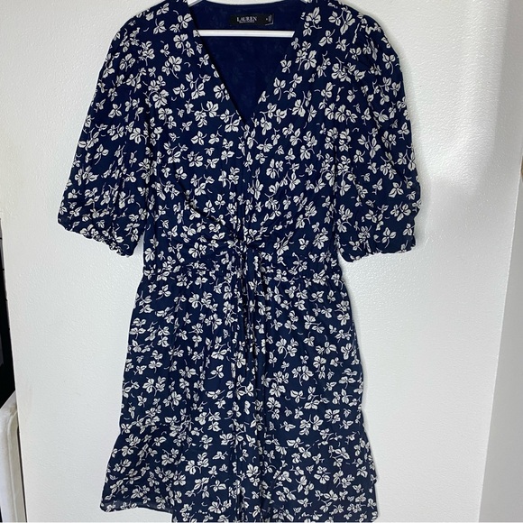Lauren Ralph Lauren Floral Dress Womens Size 8 Puff Sleeves Blue Mini Bow Polo - Picture 3 of 13